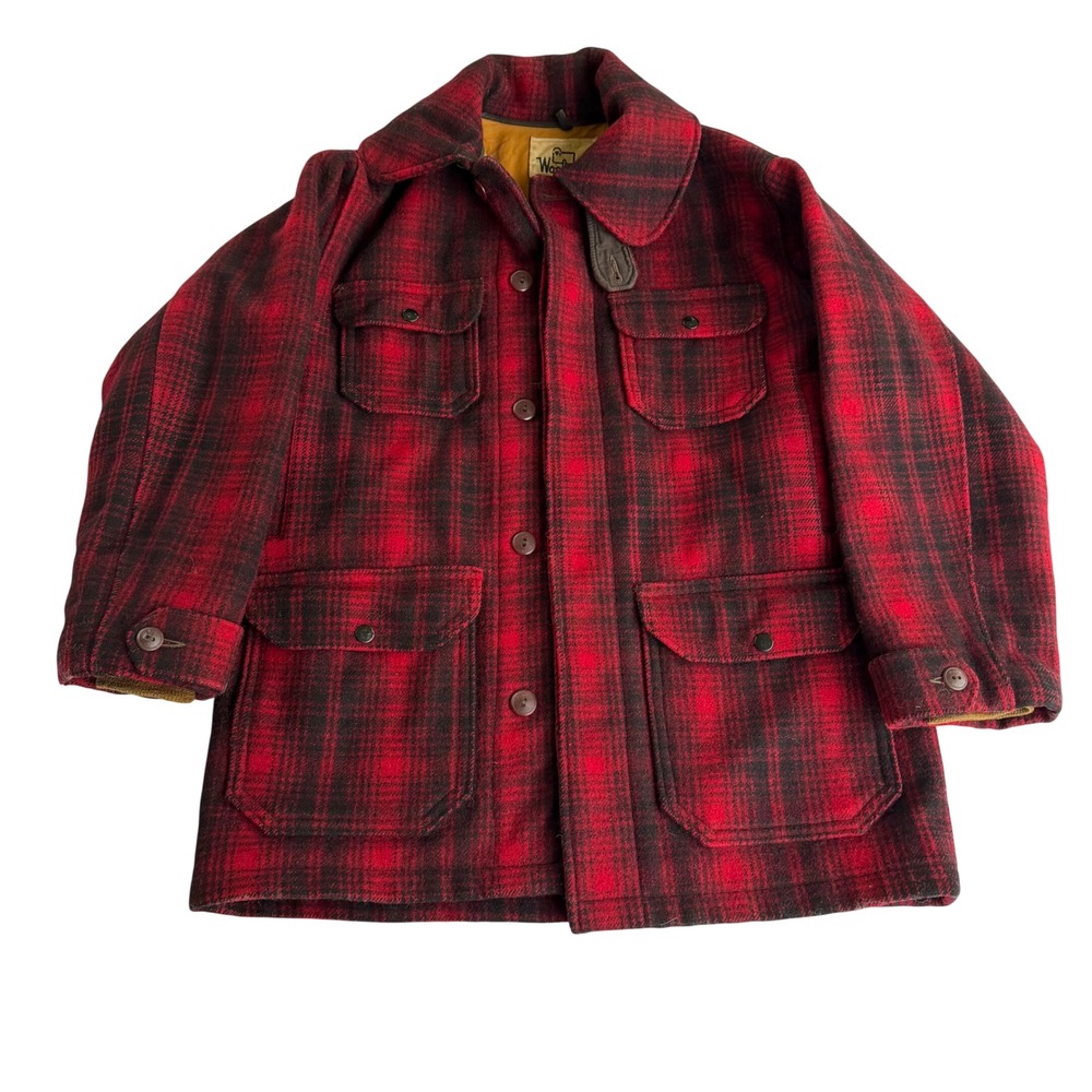VTG Woolrich Wool Hunting Jacket Sz 36 Red Black Buffalo Plaid Mackinaw Coat USA